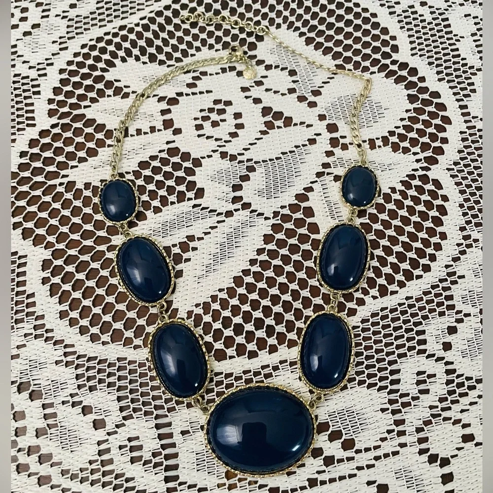 J. Crew Dark Blue Oval Necklace with Silver Chain
